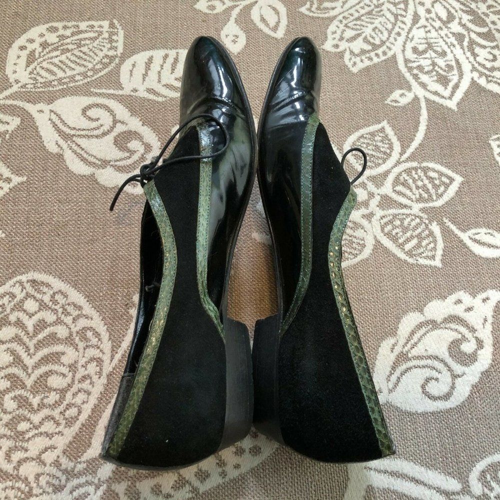 Vintage Oxfords! Black Patent Lace Up W/Green Snakeskin Trim 8.5 Narrow AA - Picture 5 of 9